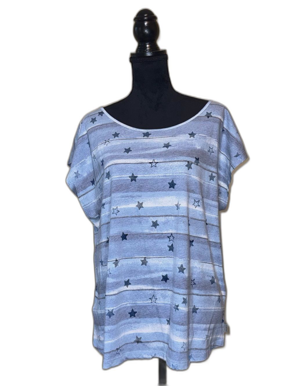 Eddie Bauer Blue White Abstract Stripe Star Pattern Scoop Neck Tee Top Plus Size